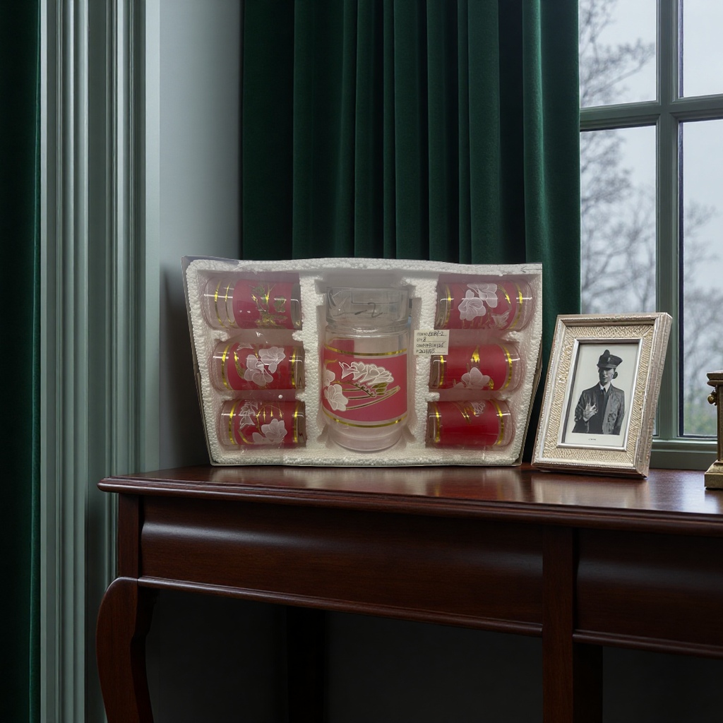 A set of 6 red floral-patterned high borosilicate glass cups for home and office use Specification image