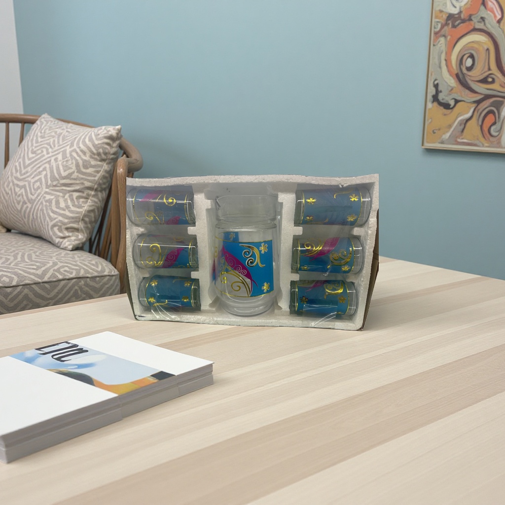 A set of 6 high-borosilicate heat-resistant transparent glass cups with colorful patterns