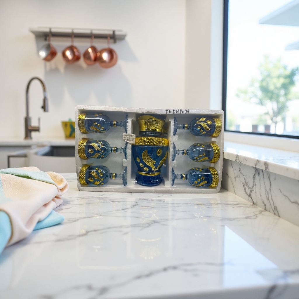 Blue and gold decorated glass wine set, highball glass decanter, wine divider, gift box Specification image