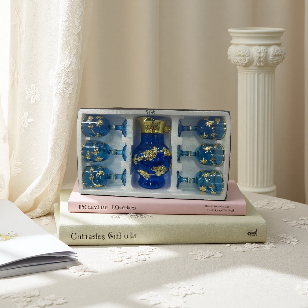 Blue glass wine set with gold flower patterns Specification image