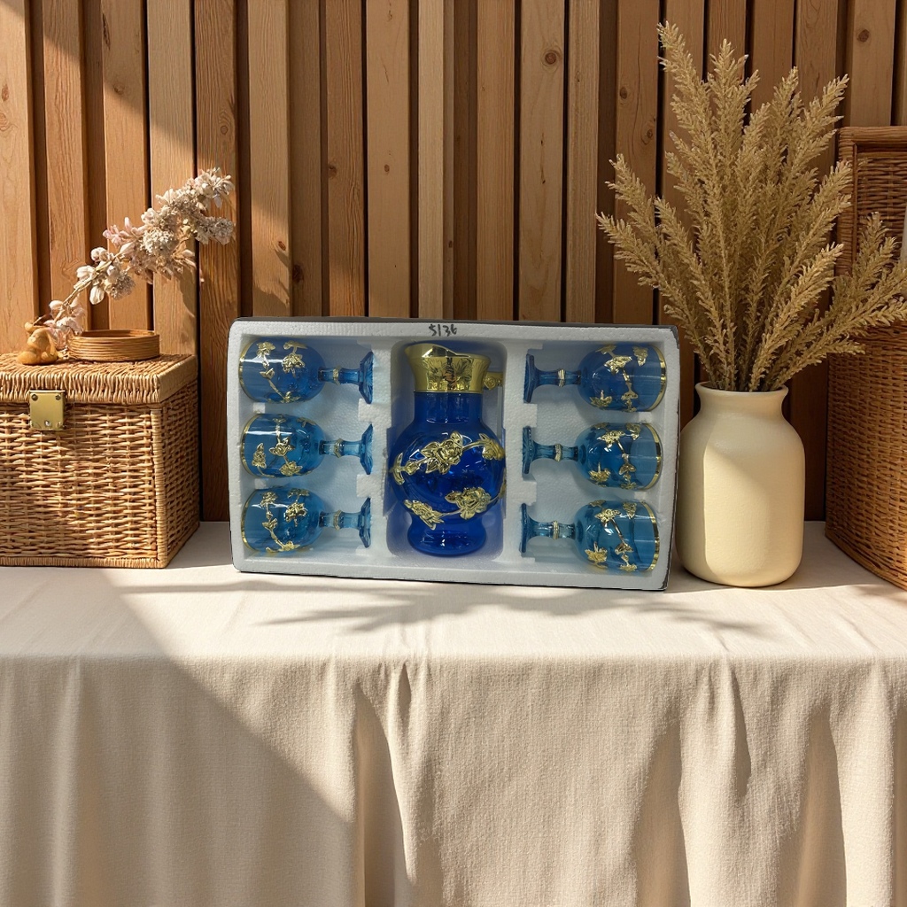 Blue glass wine set with gold flower patterns details Picture