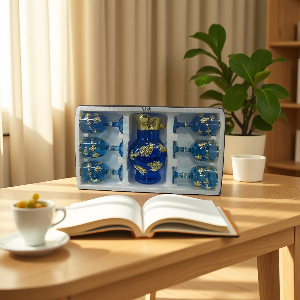 Blue glass wine set with gold flower patterns Application Scenario