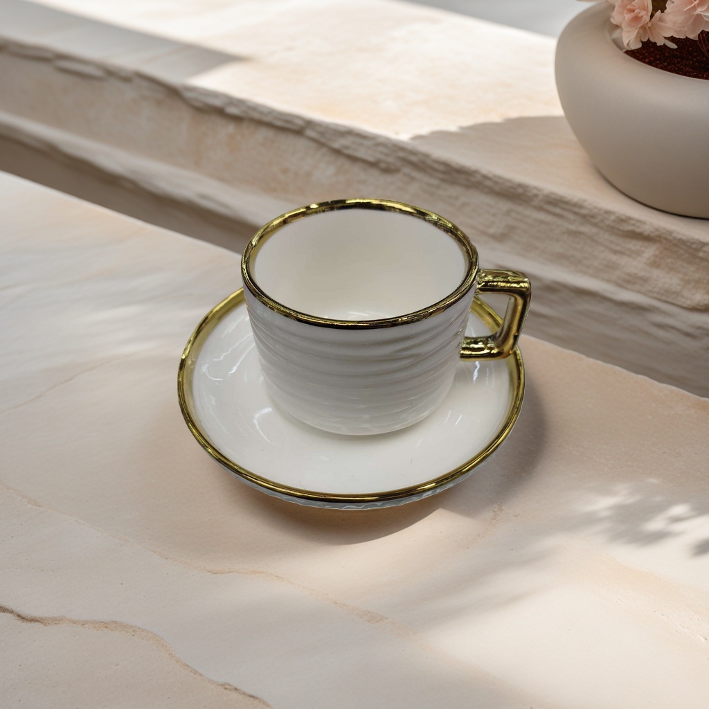 White tea cup and saucer set with golden borders details Picture
