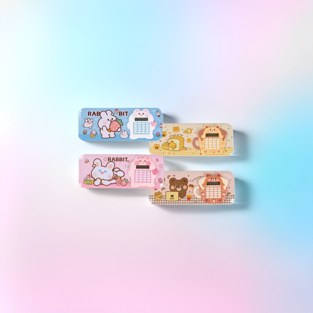 A portable electronic calculator in the shape of cartoon rabbits and little bears for students