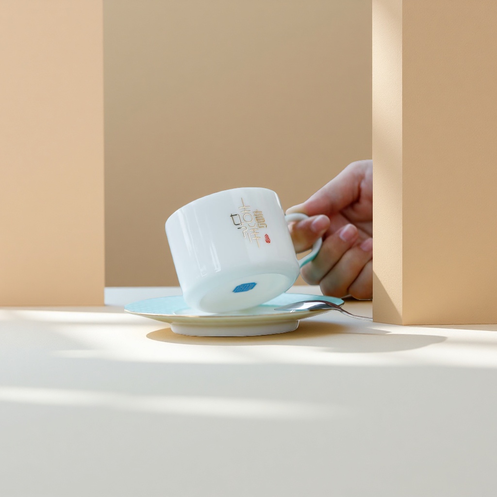 A ceramic coffee cup with hand-painted deer and flower branch patterns made of jadeite
