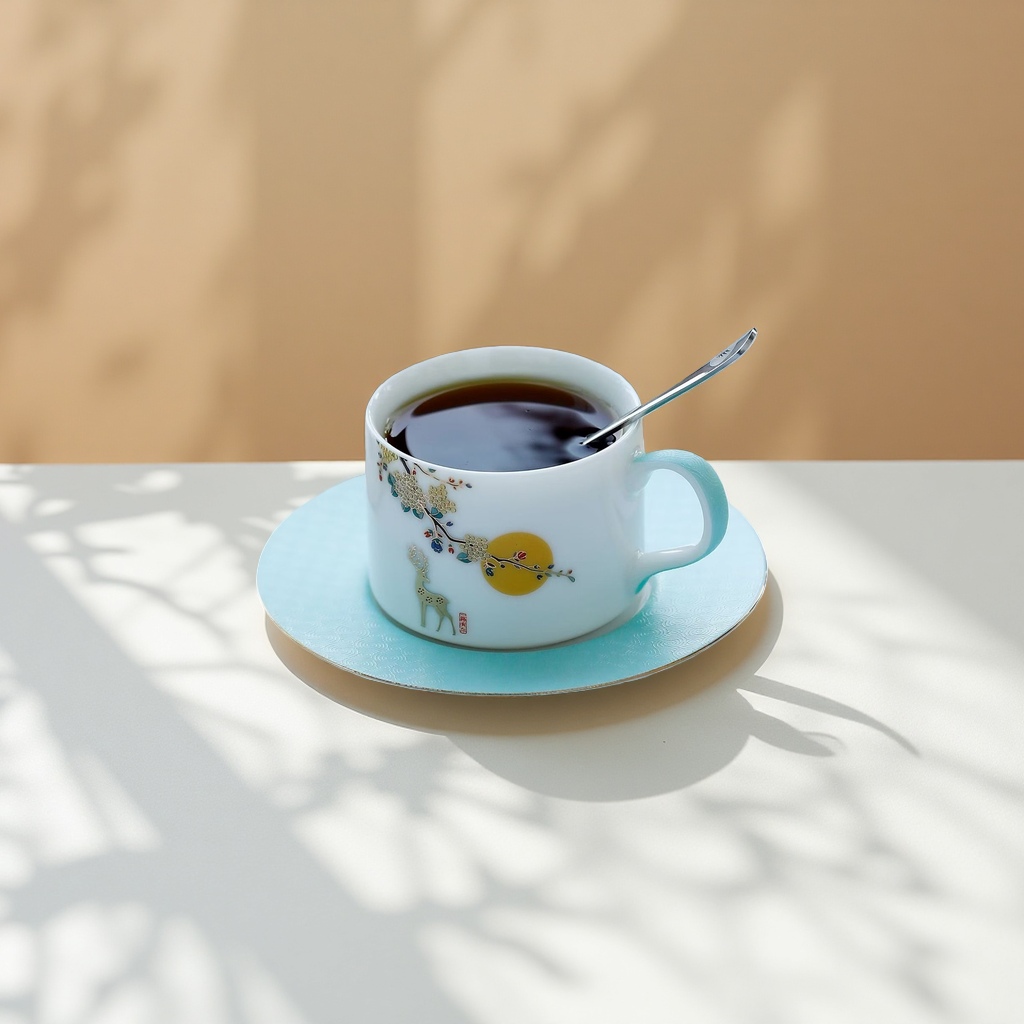A ceramic coffee cup with hand-painted deer and flower branch patterns made of jadeite Application Scenario