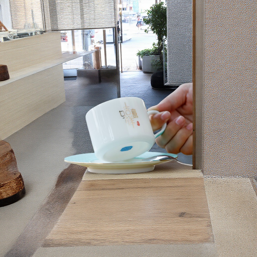 A ceramic coffee cup with hand-painted deer and flower branch patterns made of jadeite details Picture