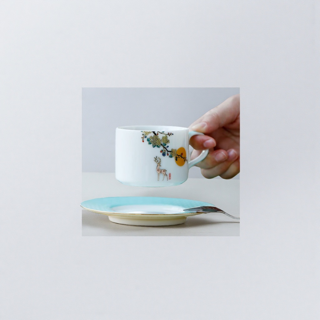 A ceramic coffee cup with hand-painted deer and flower branch patterns made of jadeite Specification image