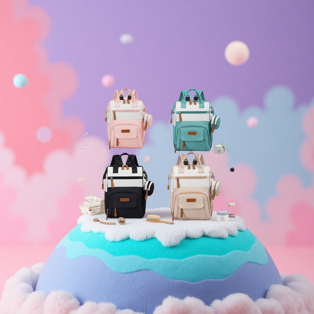 Baby and maternal products storage bag, four-color double-shoulder baby backpack, pink, blue, black, beige multi-bag design details Picture