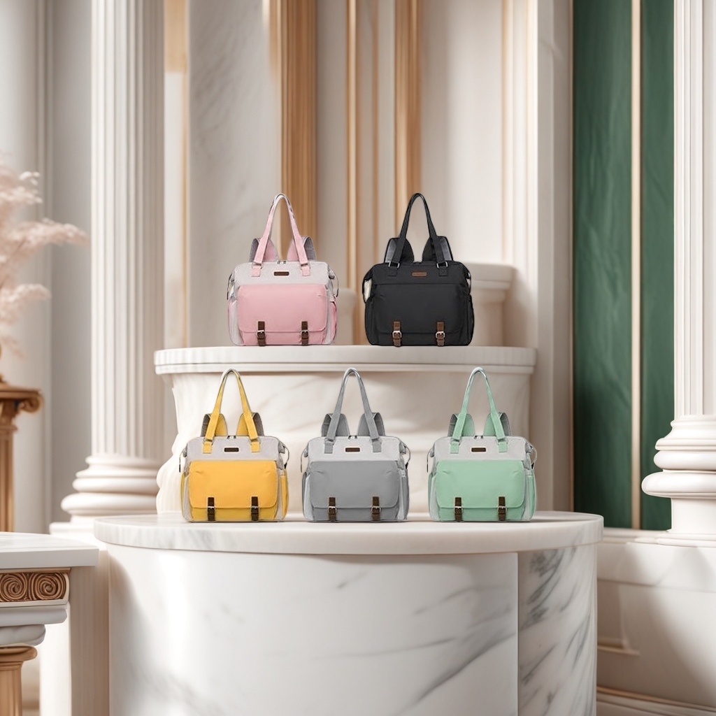 Multi-color backpacks in pink, black, yellow, gray and green