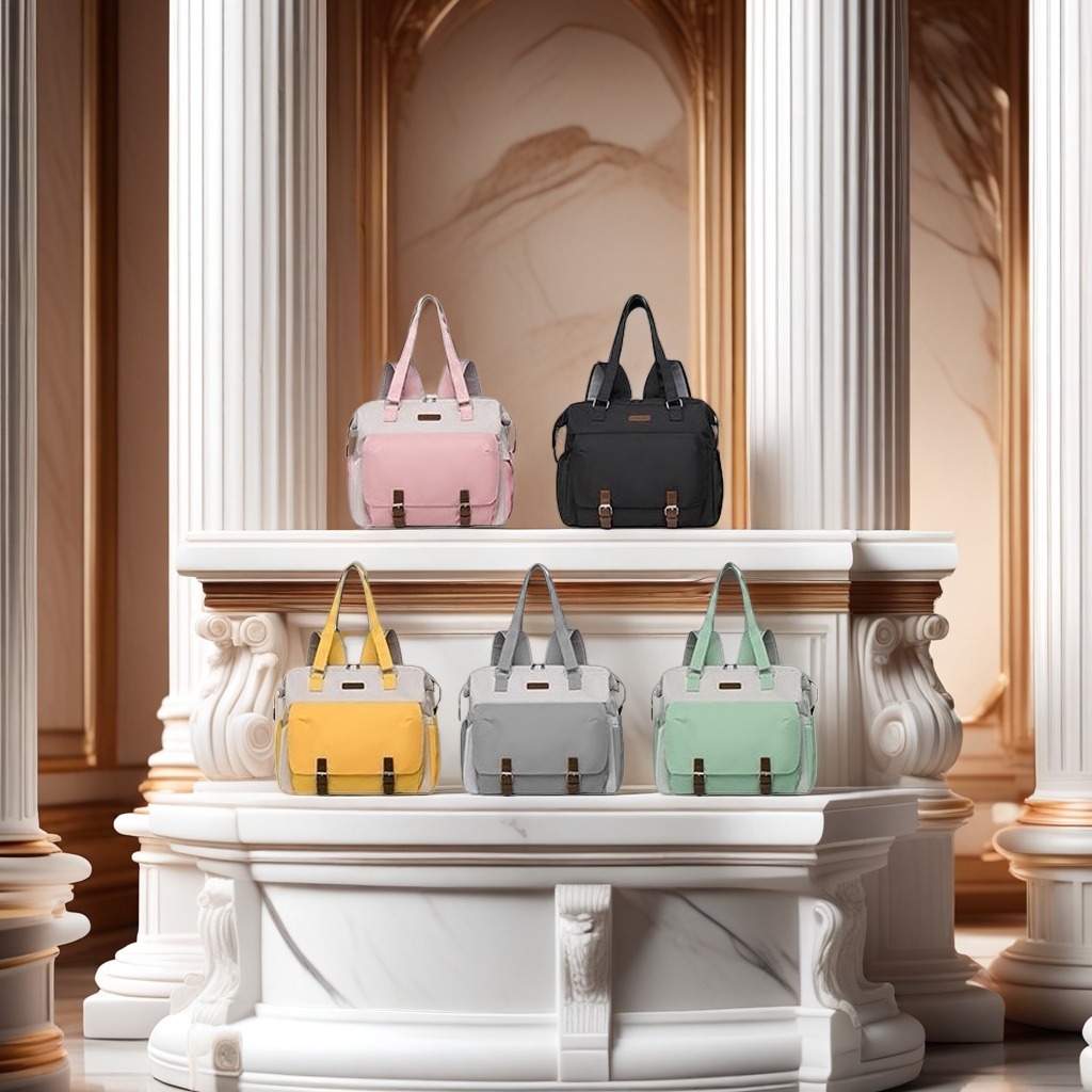 Multi-color backpacks in pink, black, yellow, gray and green details Picture