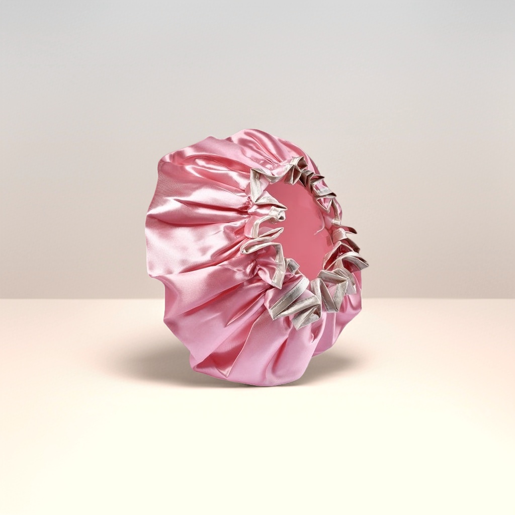 Pink silk-textured shower cap, smooth, skin-friendly, anti-slip, absorbent and quick-drying shower cap details Picture