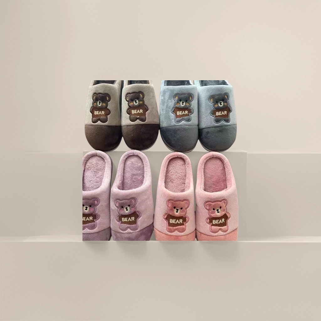 Cute bear-patterned cotton and linen home slippers for women, summer style, anti-slip soft soled indoor Specification image