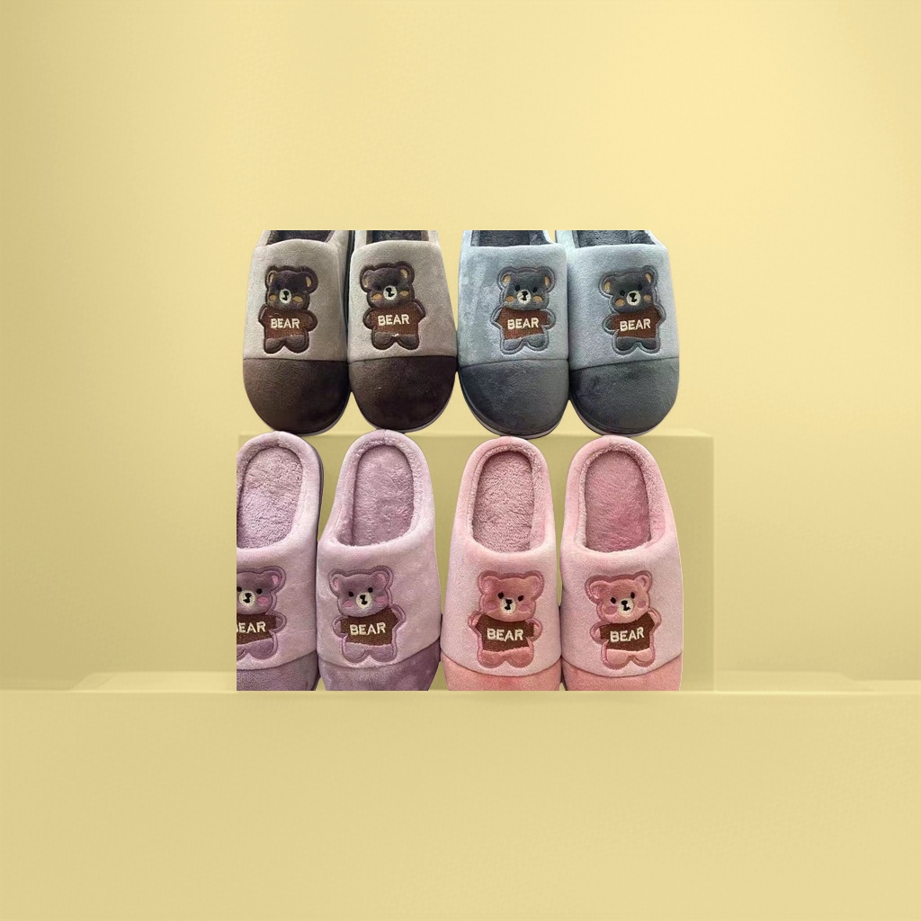 Cute bear-patterned cotton and linen home slippers for women, summer style, anti-slip soft soled indoor