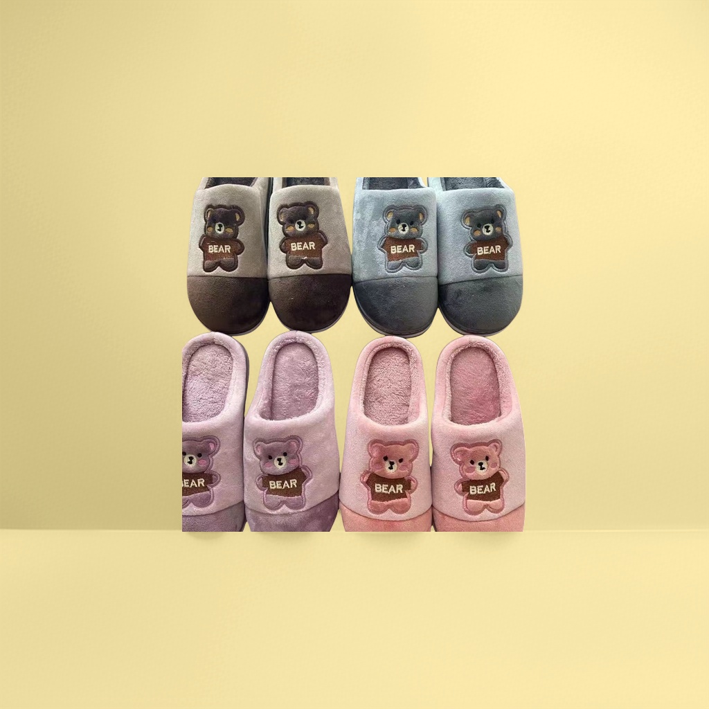 Cute bear-patterned cotton and linen home slippers for women, summer style, anti-slip soft soled indoor details Picture