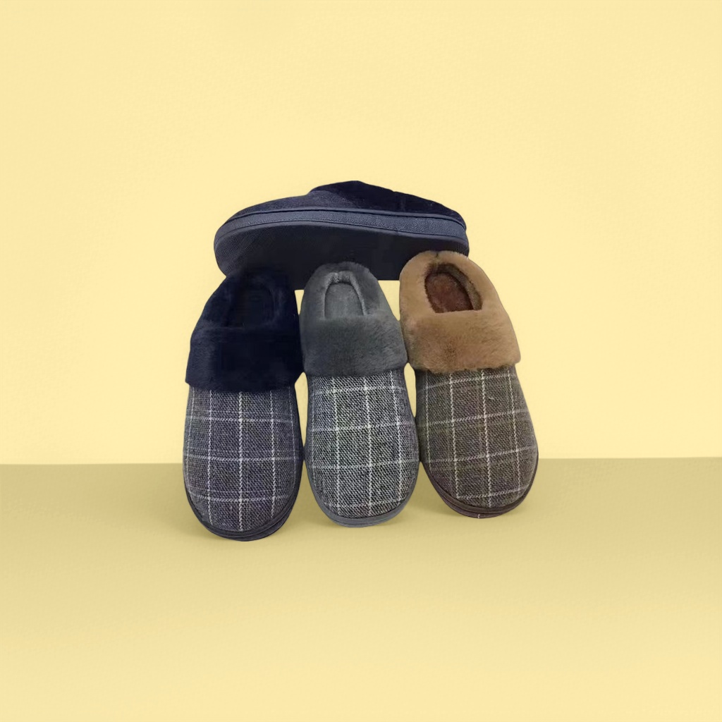 Plush checkered slippers for women in winter, thickened and warm indoor home cotton slippers