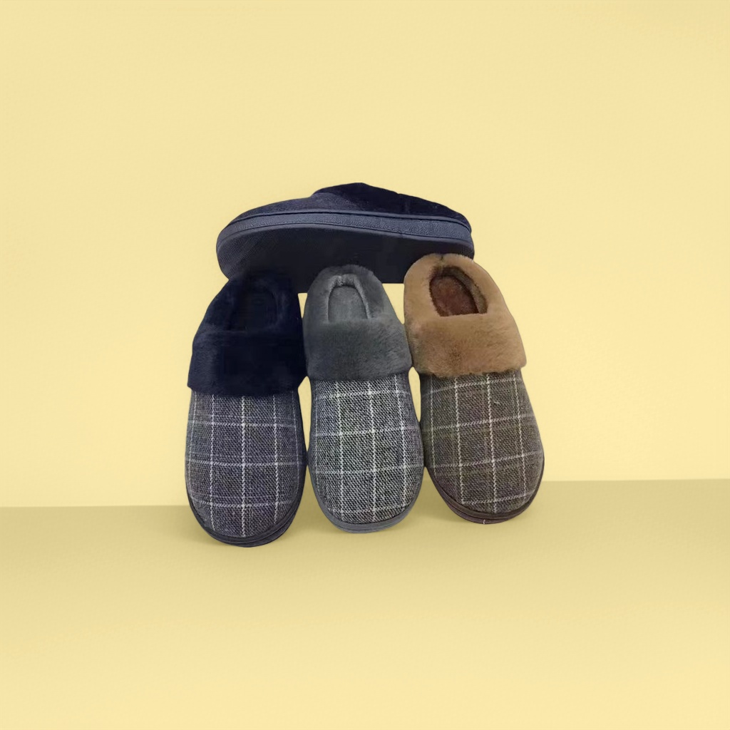 Plush checkered slippers for women in winter, thickened and warm indoor home cotton slippers details Picture