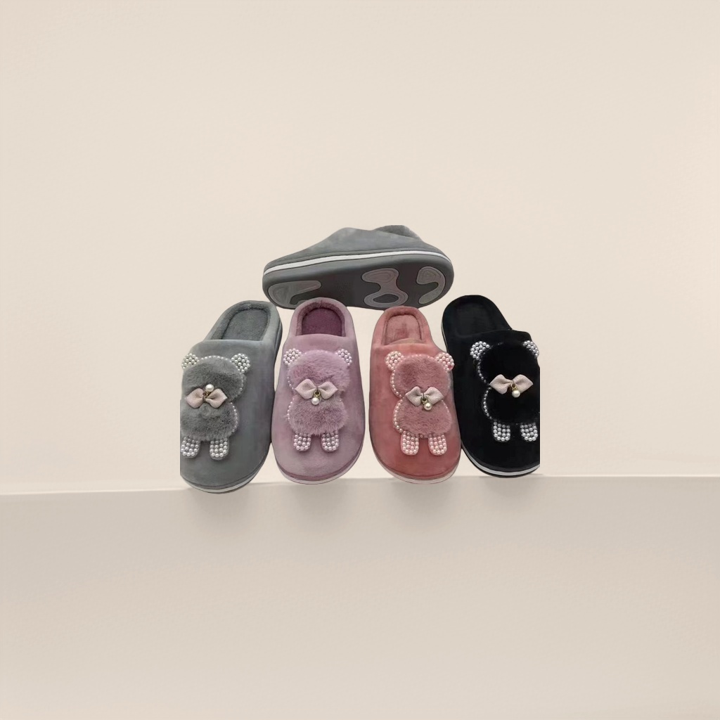 Plush bear decorated home slippers are cute and soft. Indoor cotton slippers for girls Specification image