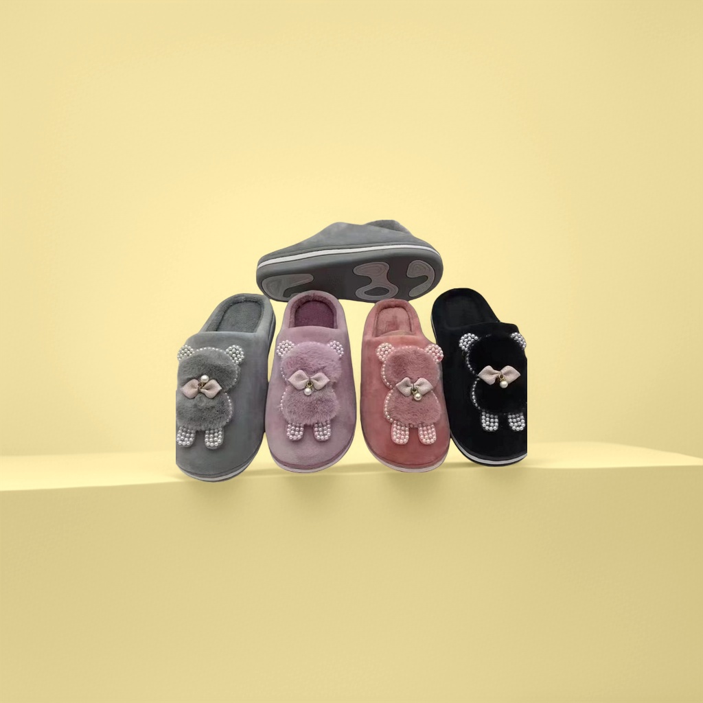Plush bear decorated home slippers are cute and soft. Indoor cotton slippers for girls