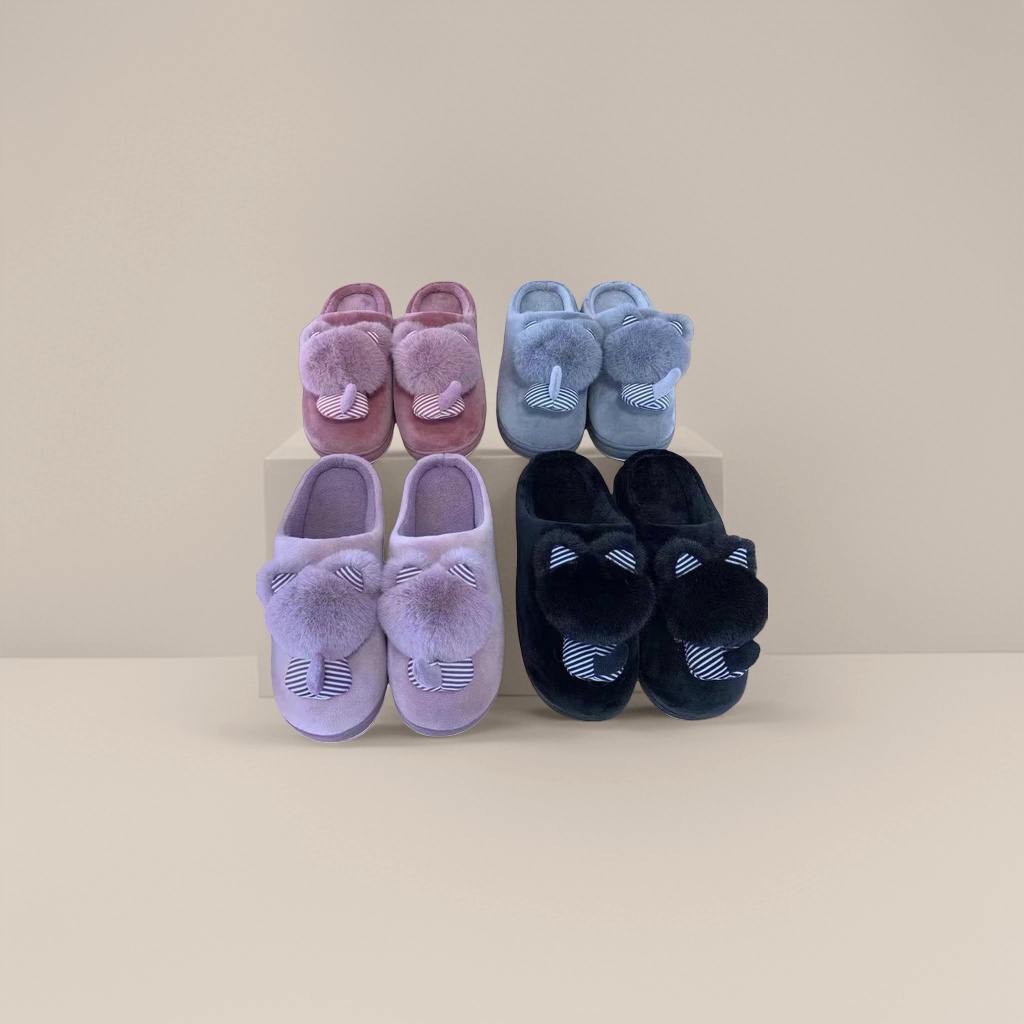 Plush cat-ear slippers for women to keep warm and cute at home. Fluffy indoor cotton slippers Specification image