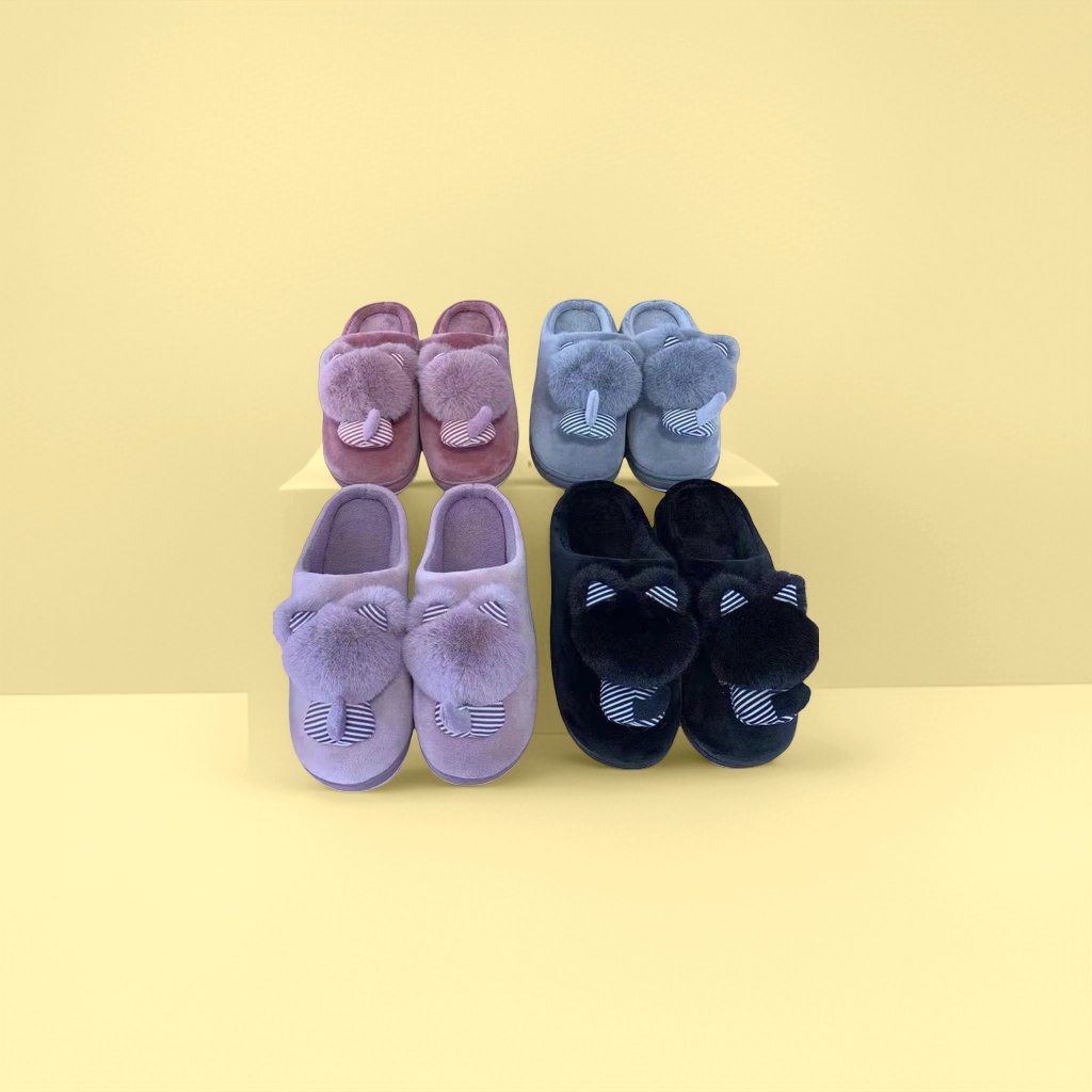 Plush cat-ear slippers for women to keep warm and cute at home. Fluffy indoor cotton slippers details Picture