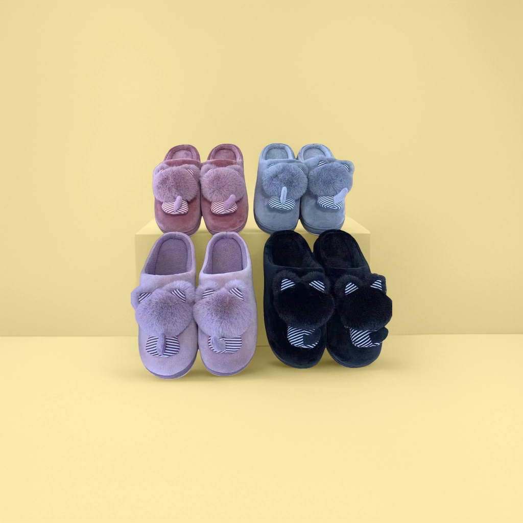 Plush cat-ear slippers for women to keep warm and cute at home. Fluffy indoor cotton slippers