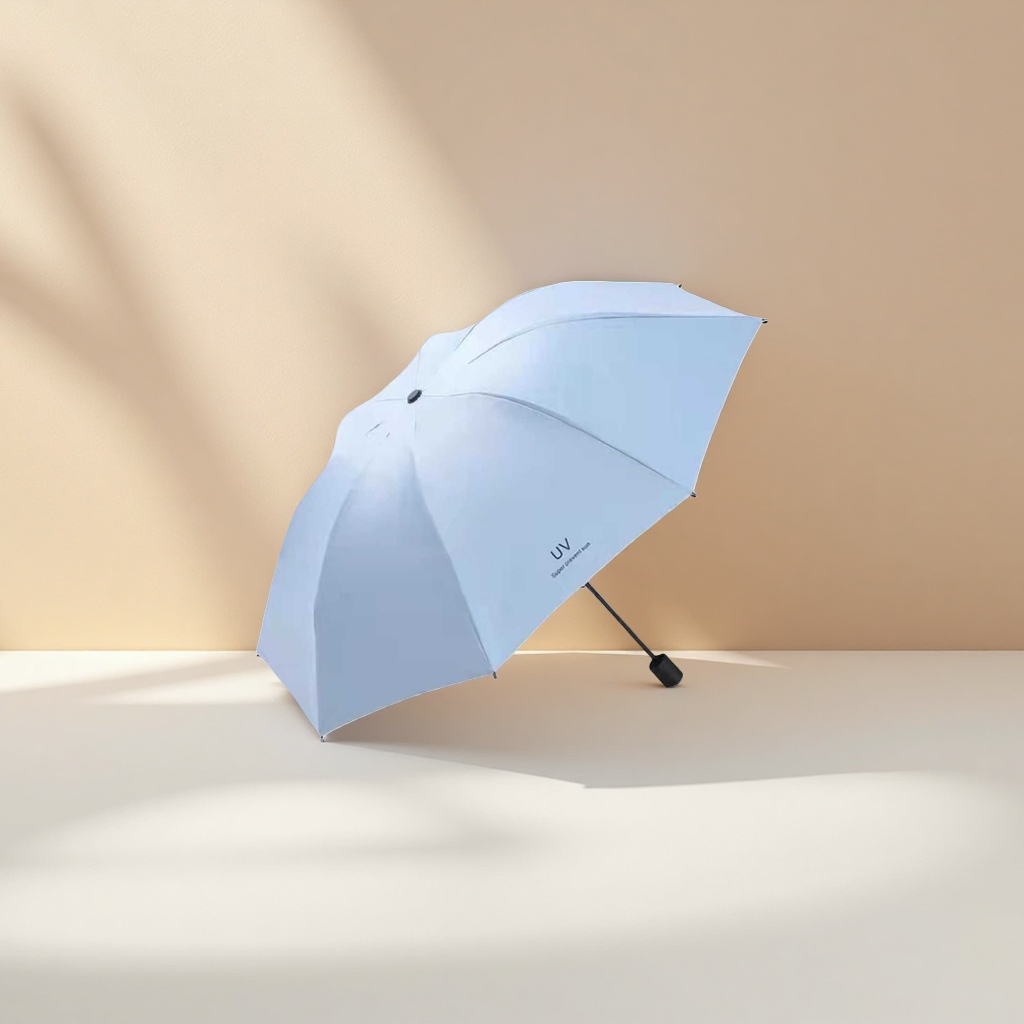 Light blue all-weather sun umbrella with UV protection UPF50+, foldable and portable details Picture