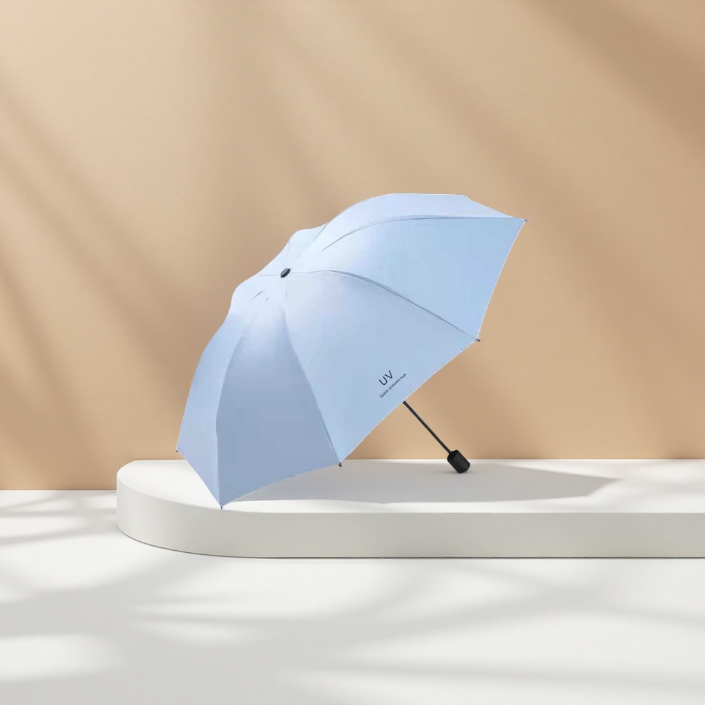 Light blue all-weather sun umbrella with UV protection UPF50+, foldable and portable