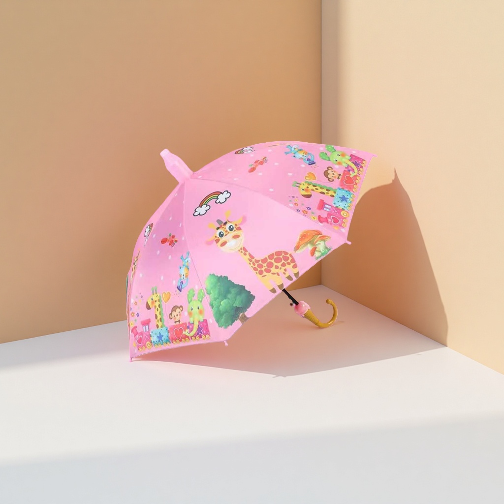 A pink umbrella with a giraffe pattern for children is waterproof, sun-proof, lightweight and foldable, suitable for both sunny and rainy days Specification image