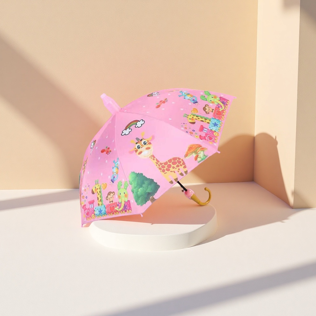 A pink umbrella with a giraffe pattern for children is waterproof, sun-proof, lightweight and foldable, suitable for both sunny and rainy days details Picture