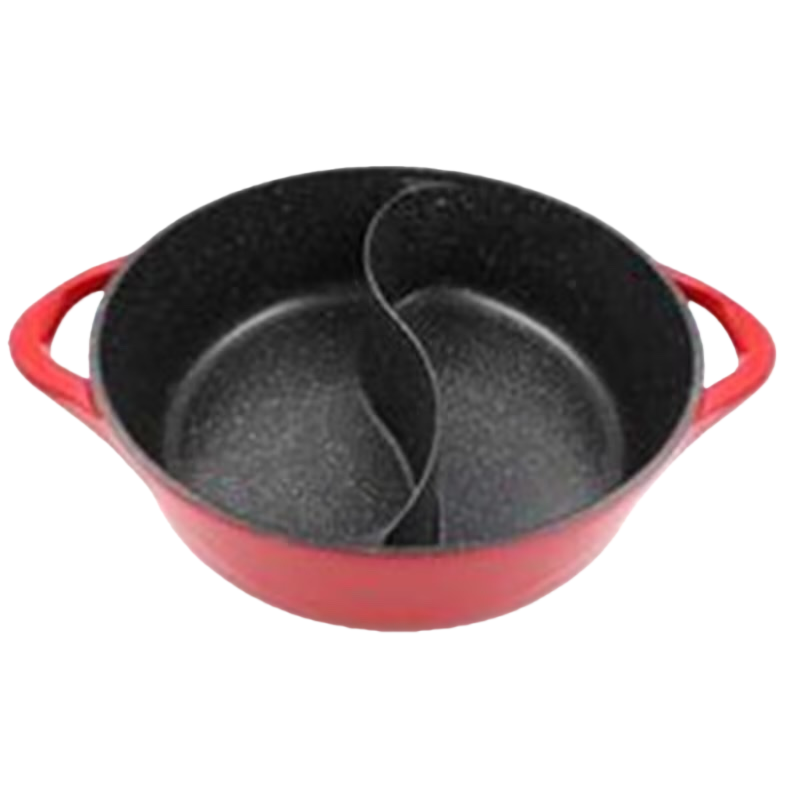 A red cast iron split pot with multiple compartments for frying, stir-frying, stewing and boiling is a household kitchen utensil Item Picture