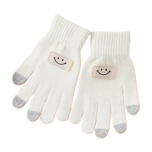 White smiley face pattern gloves, soft, warm and anti-slip cotton women's gloves, knitted winter Item Picture