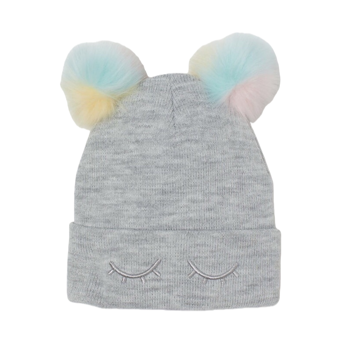 A grey woolen cap with colorful pom-poms and closed-eye embroidery, a warm winter knitted cap Item Picture