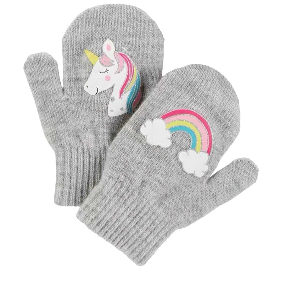 Grey woolen gloves with unicorn rainbow pattern, warm and anti-slip for women Item Picture