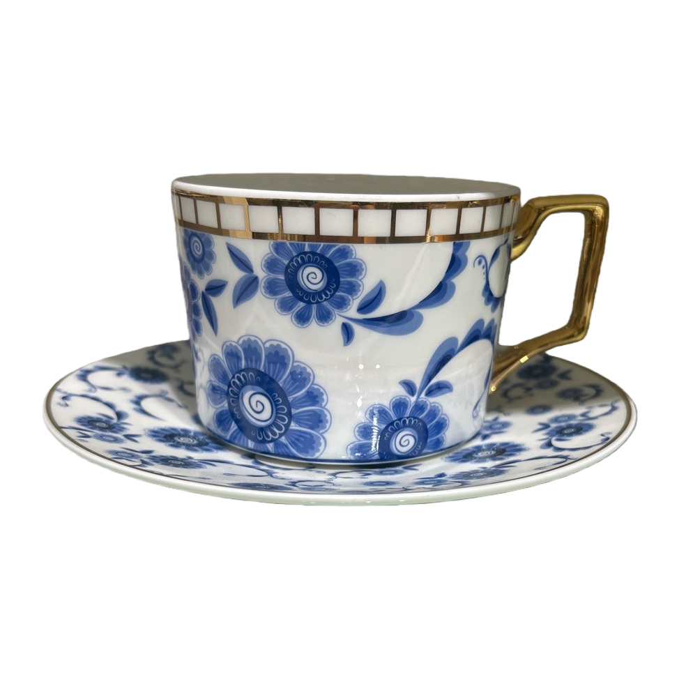 蓝白花纹+茶杯和茶托白底实物图