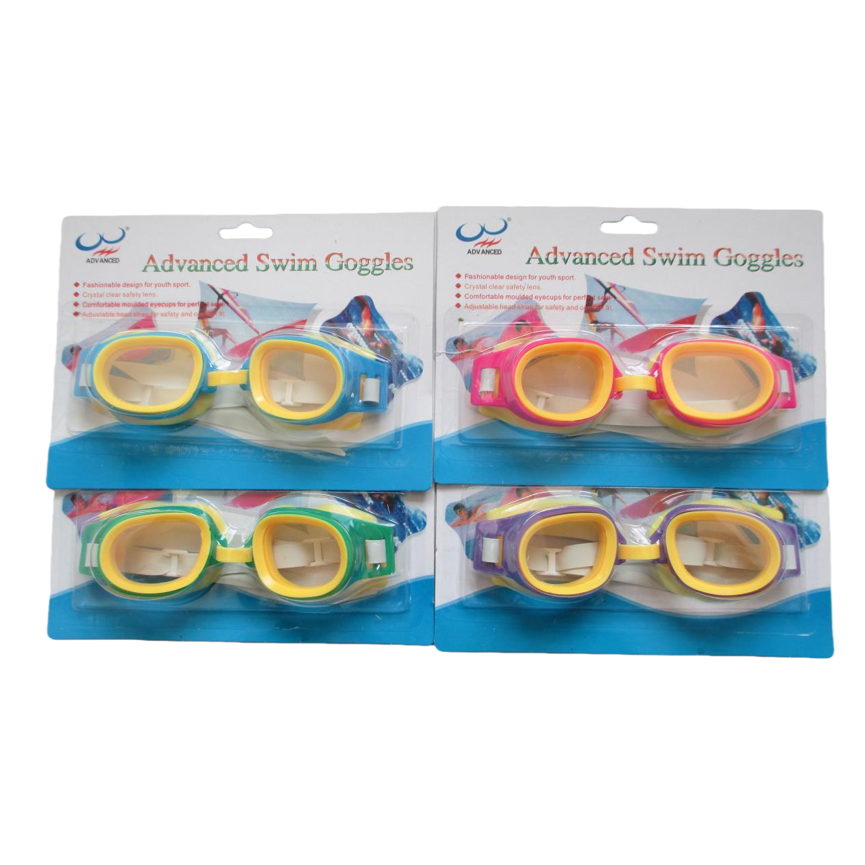 Advanced Swim Goggles Four pairs of colored swimming goggles in blue, yellow, pink, yellow, green, yellow, purple and yellow Item Picture