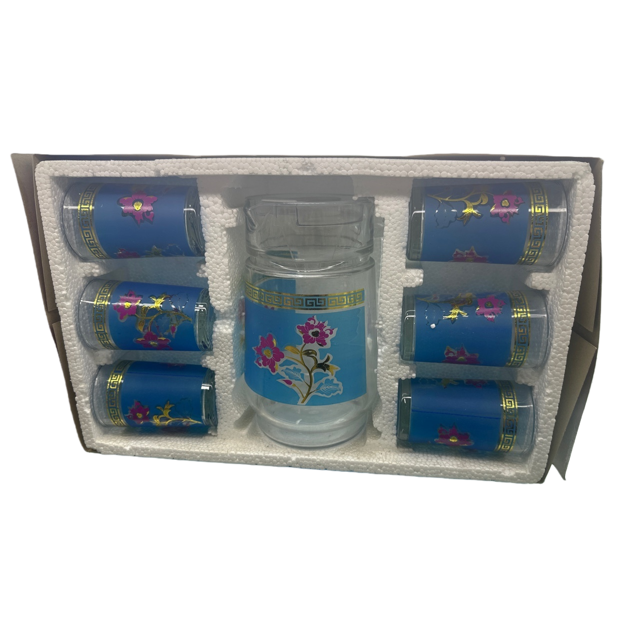 A set of 6 blue floral-patterned glass cups, featuring high borosilicate heat-resistant transparent water cups Item Picture