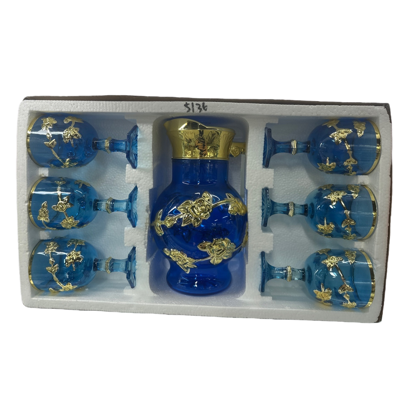 Blue glass wine set with gold flower patterns Item Picture
