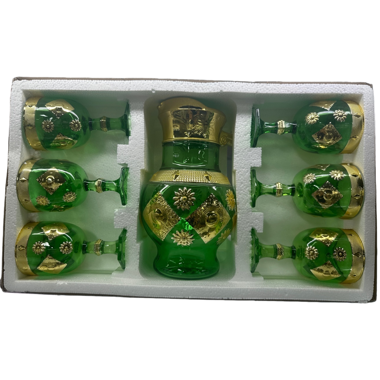 Green glass wine set, wine set, tall glass, decanter, wine divider, gift box Item Picture