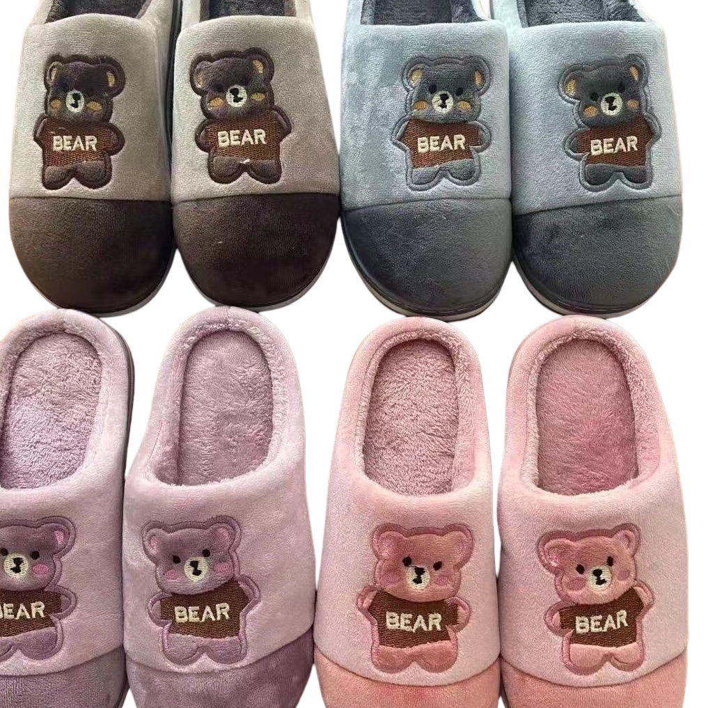Cute bear-patterned cotton and linen home slippers for women, summer style, anti-slip soft soled indoor Item Picture