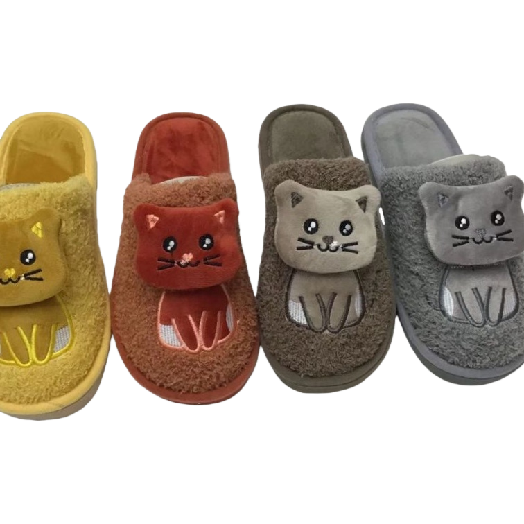Cute cat-patterned cotton slippers for women, warm and anti-slip plush slippers for home use Item Picture