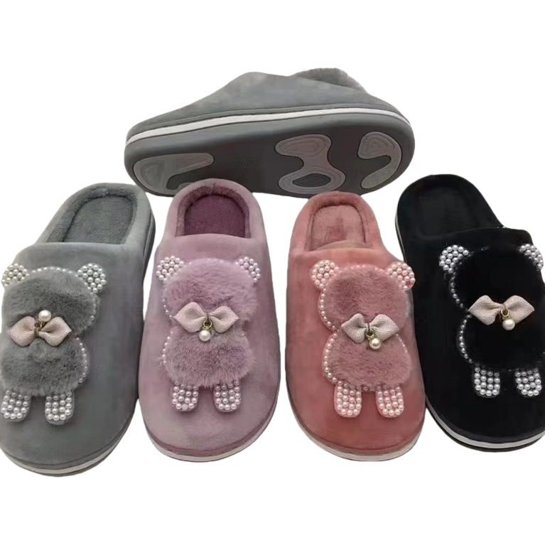Plush bear decorated home slippers are cute and soft. Indoor cotton slippers for girls Item Picture