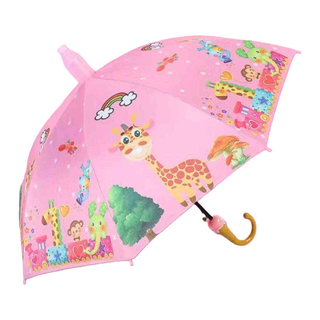 A pink umbrella with a giraffe pattern for children is waterproof, sun-proof, lightweight and foldable, suitable for both sunny and rainy days Item Picture