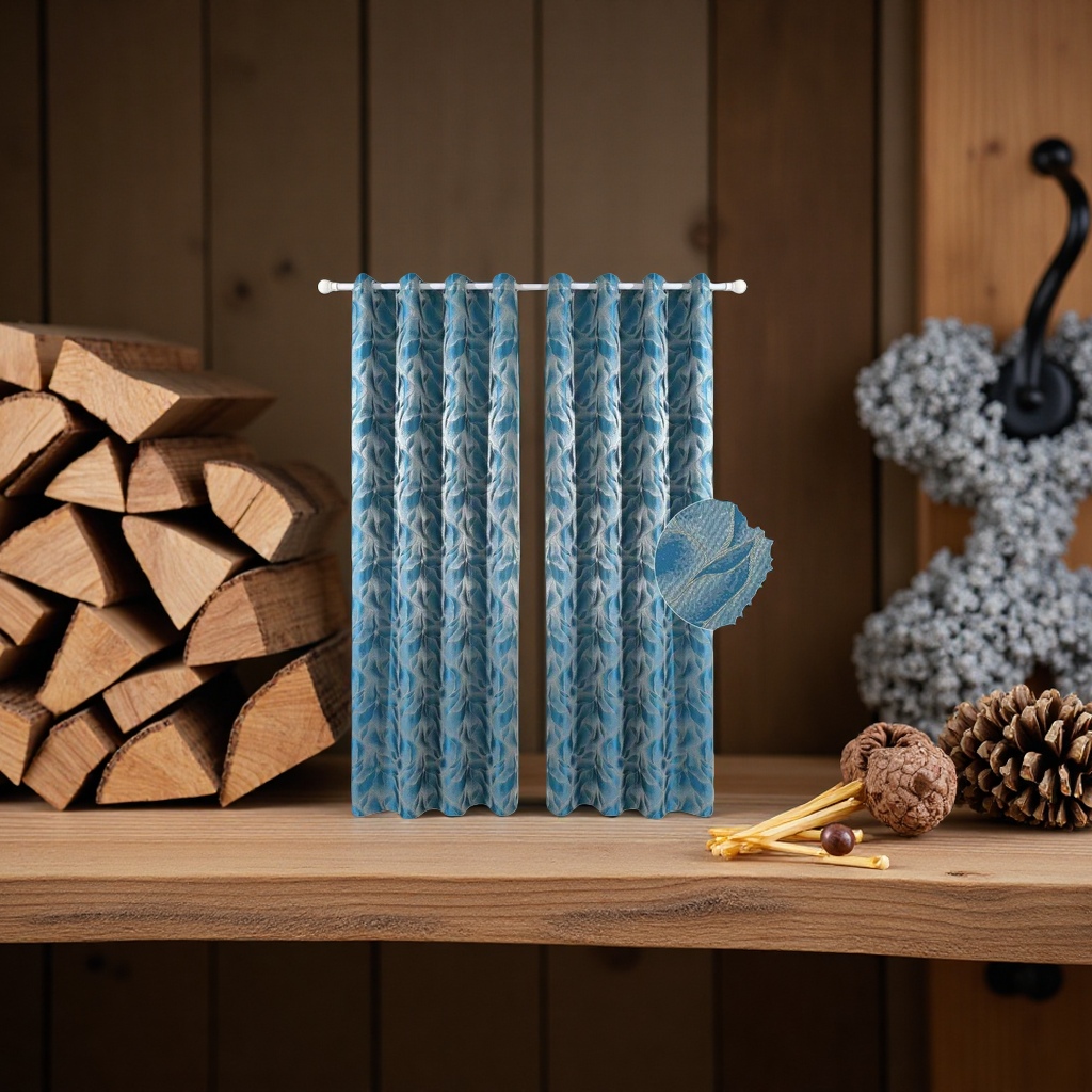 The blue feather-patterned curtains are suitable for both living rooms and bedrooms as they block light and insulate heat details Picture