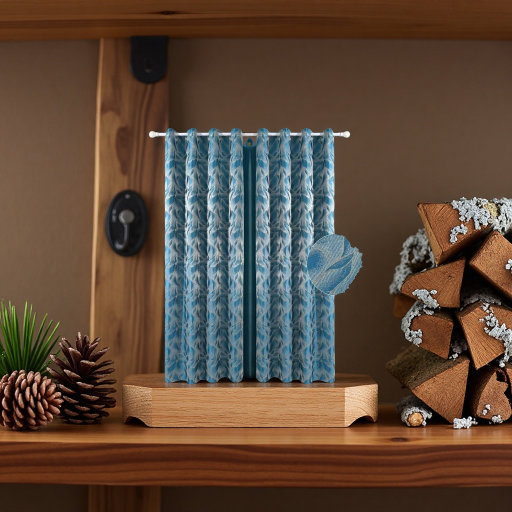 The blue feather-patterned curtains are suitable for both living rooms and bedrooms as they block light and insulate heat Specification image