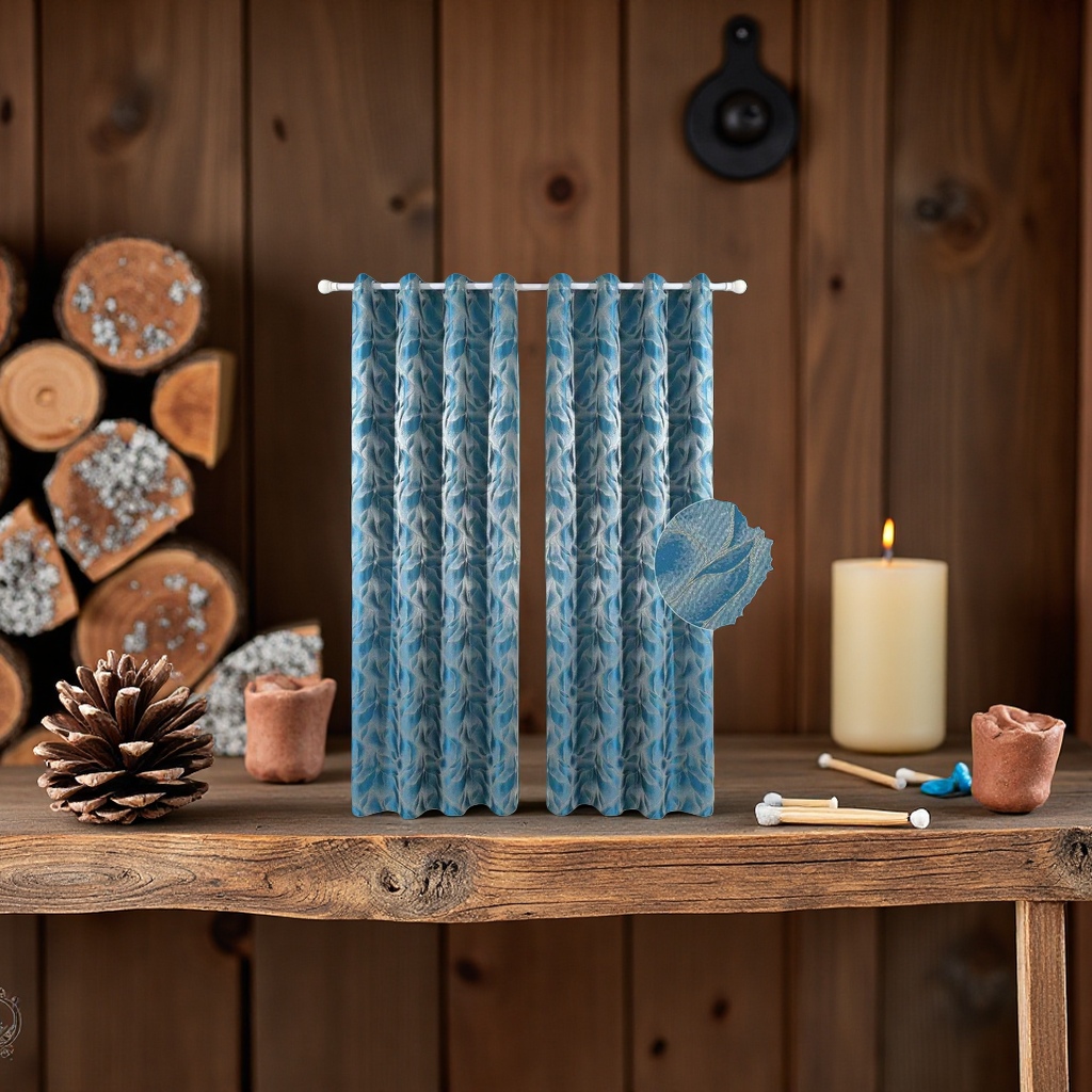 The blue feather-patterned curtains are suitable for both living rooms and bedrooms as they block light and insulate heat