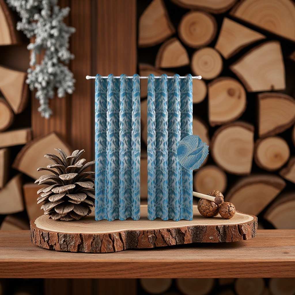The blue feather-patterned curtains are suitable for both living rooms and bedrooms as they block light and insulate heat Application Scenario