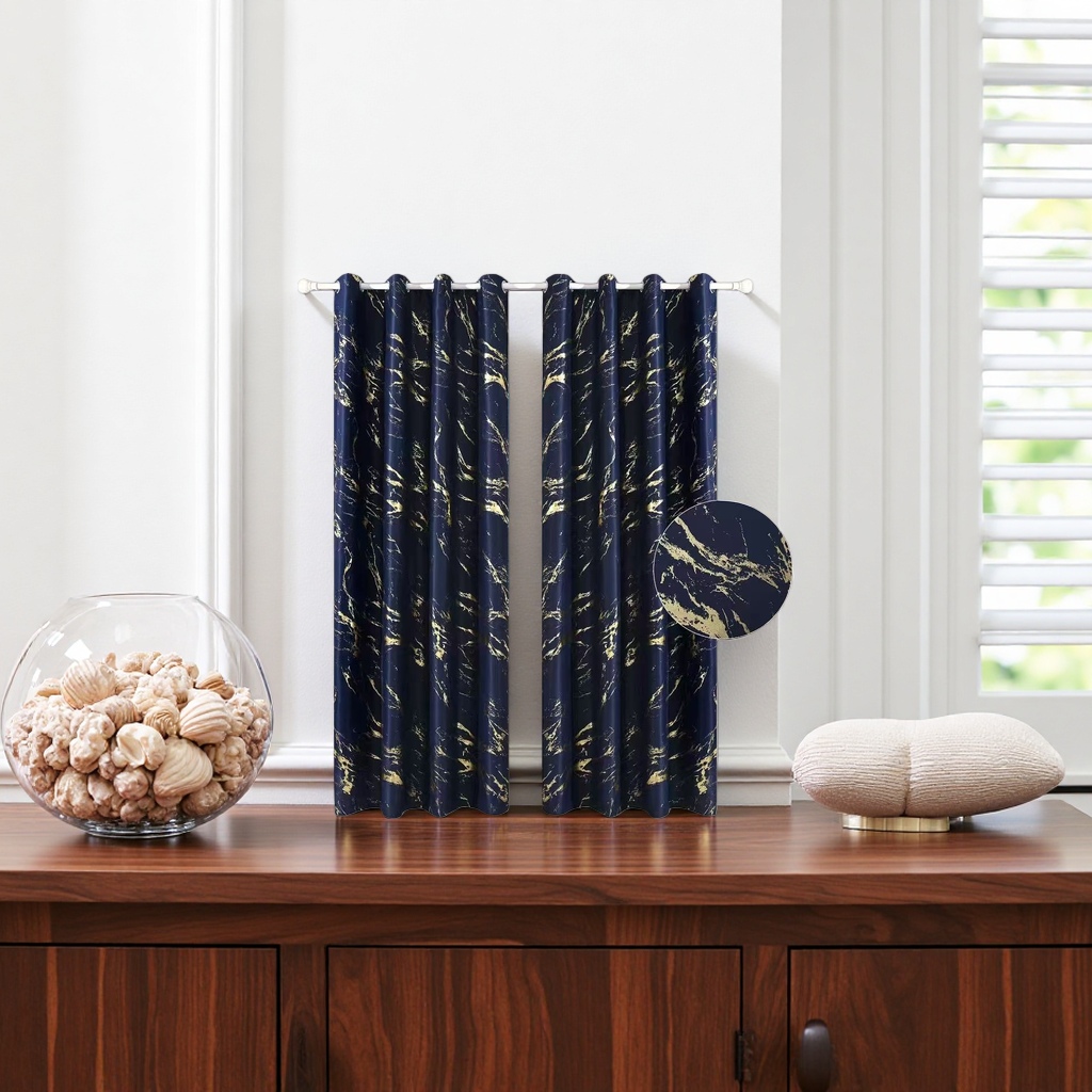 The deep blue curtains with golden texture block light and insulate heat, suitable for living rooms, bedrooms and bay Windows details Picture