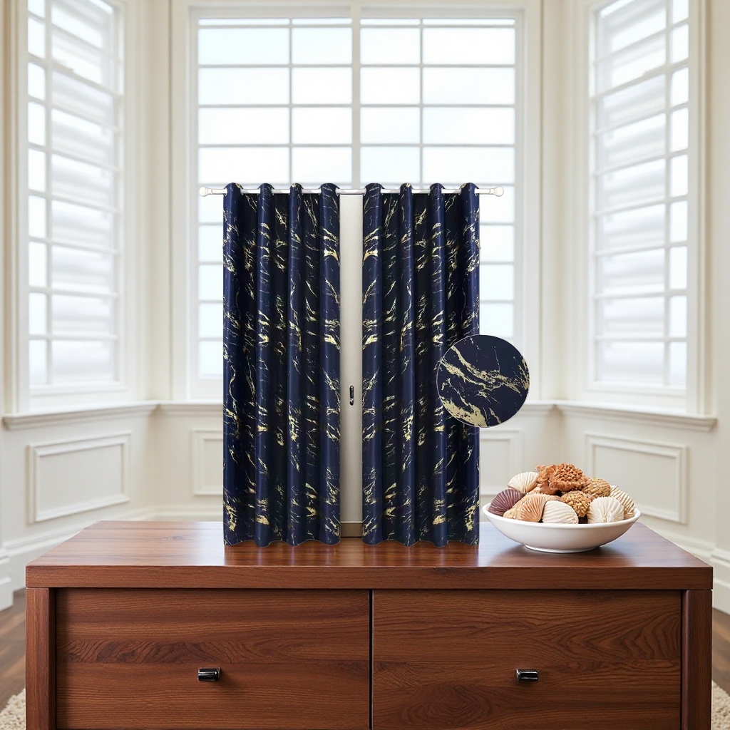 The deep blue curtains with golden texture block light and insulate heat, suitable for living rooms, bedrooms and bay Windows Application Scenario