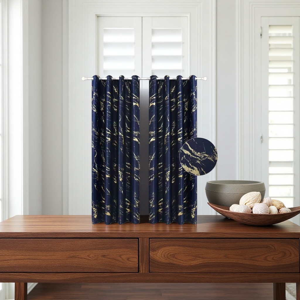 The deep blue curtains with golden texture block light and insulate heat, suitable for living rooms, bedrooms and bay Windows Specification image